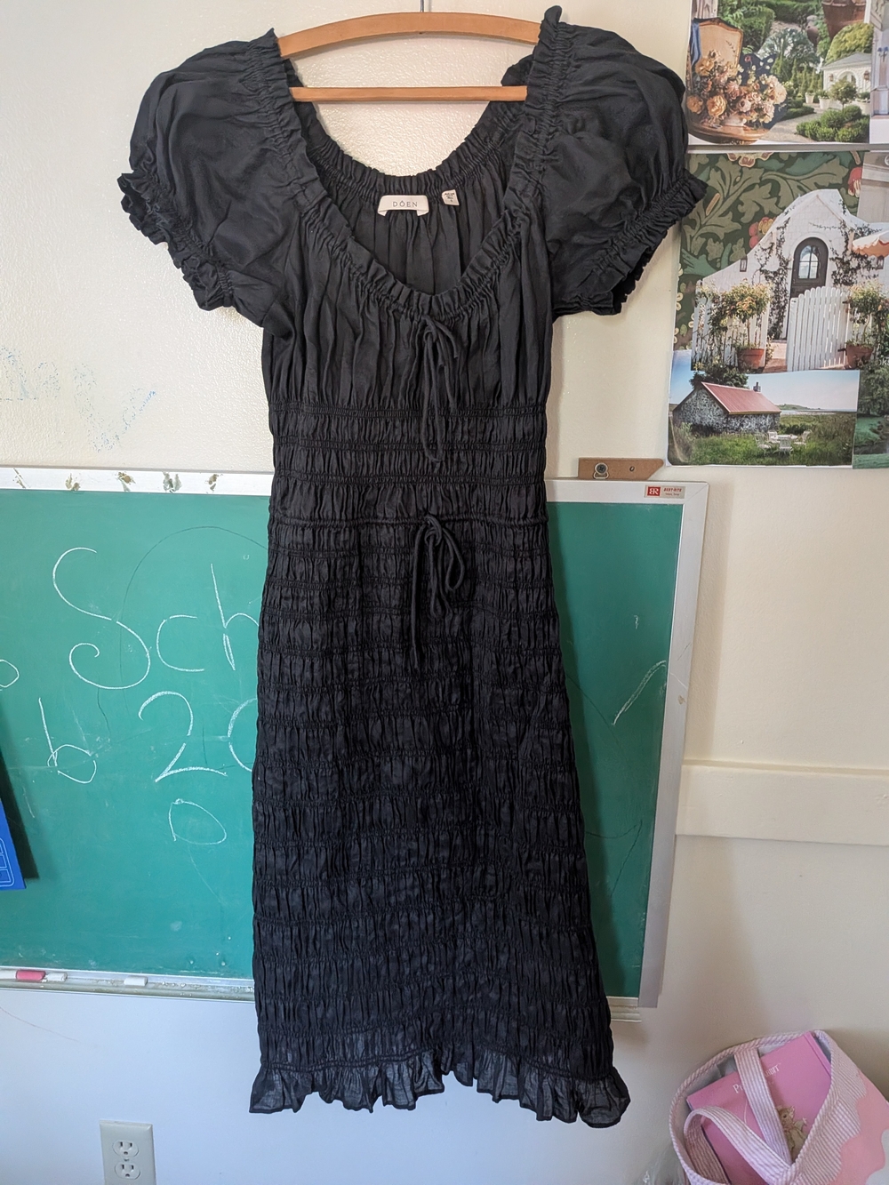 Rosalynn Doen Black Smocked Midi Dress with Puff Sleeves